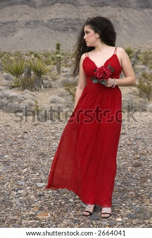 A girl wearing a red evening gown in the desert