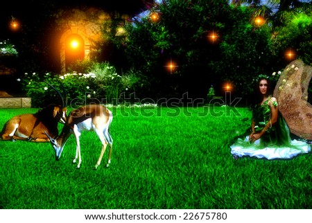 Enchanted garden, fairy and animals during evening time