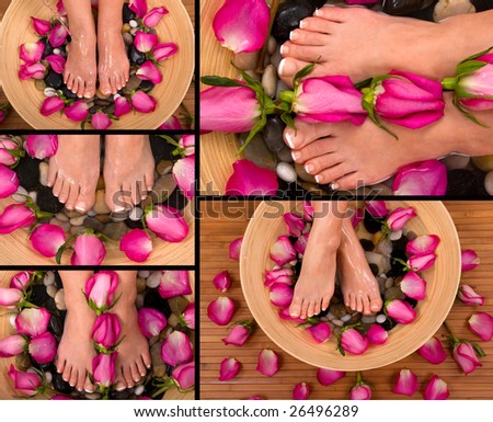 Being pampered in a spa with aromatic roses and herbal foot bath