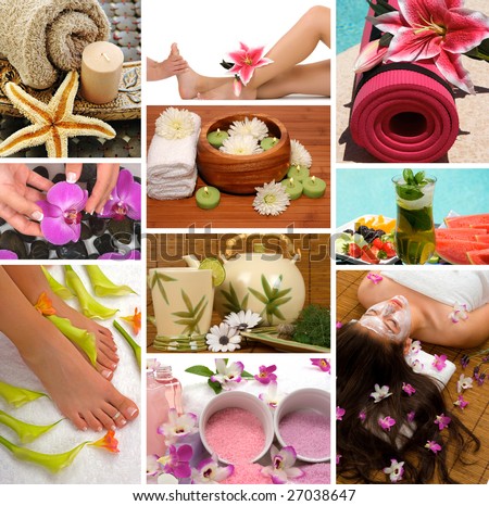 Spa treatment with aromatherapy, pedicure, manicure, massage, herbal tea, healthy fruit, meditation, and skincare