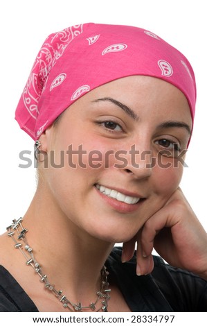 stock photo Beautiful breast cancer survivor with bandanna 2 months 