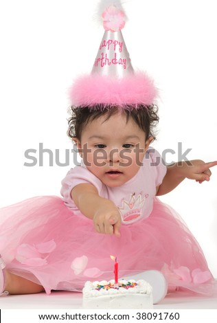 Baby  Birthday Cake on Baby Girl Checking Her 1st Birthday Cake And Candle  Stock Photo