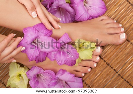 Pedicure and manicure spa with orchids