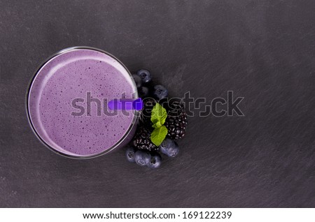 Glass Of Berry Smoothie, Isolated On Slate Plate. Top View.