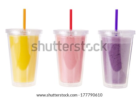 Various fruit smoothies isolated on white background. Front view.