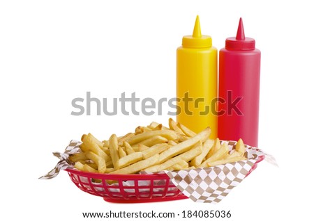 French fries in basket, isolated on white background.