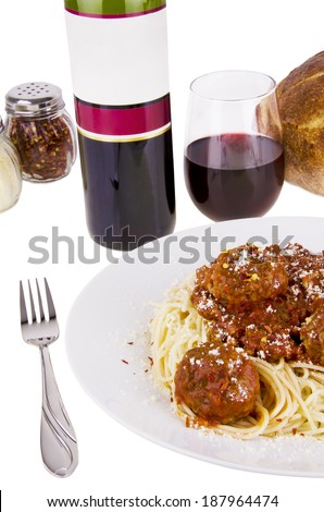 Spaghetti meatballs on white background. Meal time.