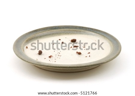 stock photo : Chocolate cake crumbs sit on an empty plate.