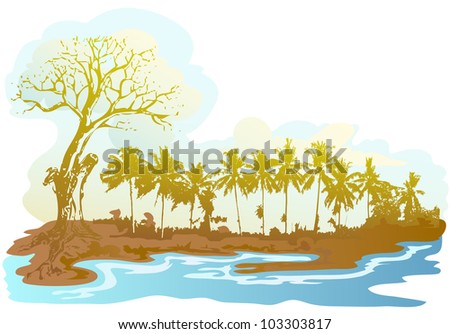 dry tree landscape near the lake with light blue sky background