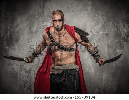 Wounded Gladiator With Two Swords Covered In Blood