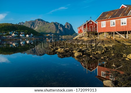 Traditional wooden houses against  in Reine village, Norway