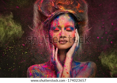 Young Woman Muse With Creative Body Art And Hairdo