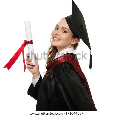 Happy graduated student girl with scroll isolated on white Happy graduated student girl with scroll isolated on white