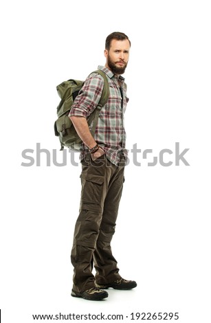 Handsome traveler with backpack isolated on white Handsome traveler with backpack isolated on white