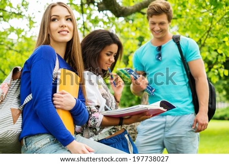 Group of multi ethnic students preparing for final exams in a city park