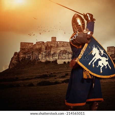 Medieval knight against Spis castle, Slovakia