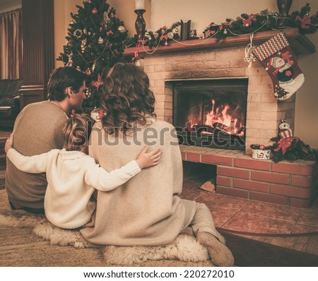 Family near fireplace in Christmas decorated house