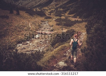 Woman with hiking poles walking in mountain landscape