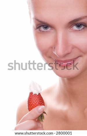 stock photo Beautiful young naked girl with red juicy strawberry