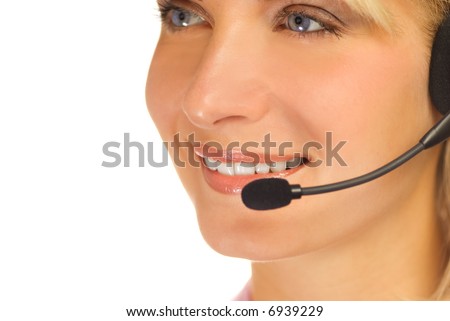 Beautiful hotline operator with headset isolated on white background