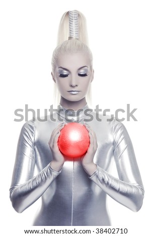 Beautiful cyber woman with red ball