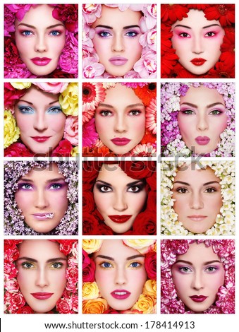 Collage with twelve portraits of beautiful healthy happy women with flowers around their faces. Beauty, make-up, organic cosmetics.
