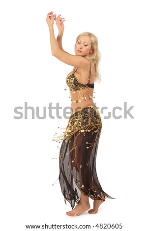 stock photo Tanned girl in oriental costume dancing bellydance