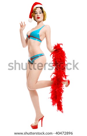 stock photo Girl in sexy latex bikini stilettos and red Santa hat over