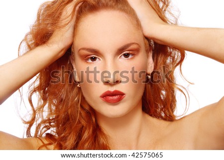 Brown Hair Freckles. girl with red curly hair