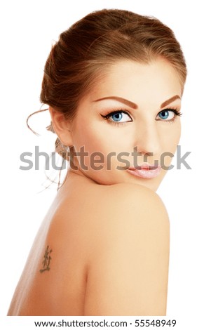 tattoos for women on shoulder blade.  Portrait of beautiful woman healthy woman with trendy make-up and tattoo
