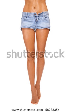 stock photo Long beautiful tanned slim legs of young sexy woman in blue