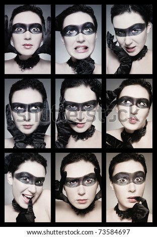 Duotone colored collage of nine emotional portraits of young grimacing woman with mask painted on her face