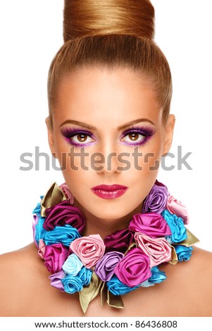 stock photo Portrait of young beautiful tanned girl with stylish violet 