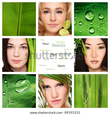 Collage with four beautiful healthy women, green leaves and plants. Organic skincare, beauty, health. Copy space.