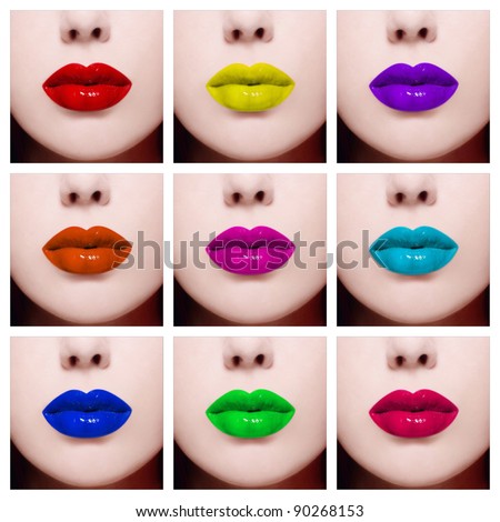 Conceptual collage with nine close-up images of colorful woman lips. Beauty, fashion, make-up