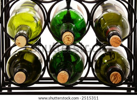 Six wine bottles in a wine rack