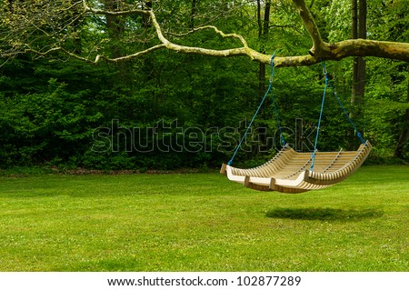 Swing bench in lush garden. Curved swing bench hanging from the bough 