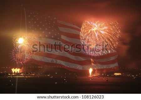 Fourth July fire works SF. With an american flag in the Background