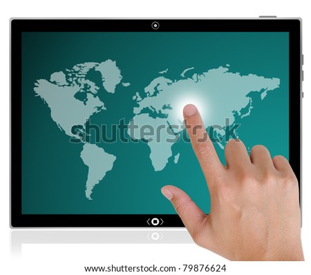 The best PC tablet computer and hand pushing a button on a touch screen interface in wide world.