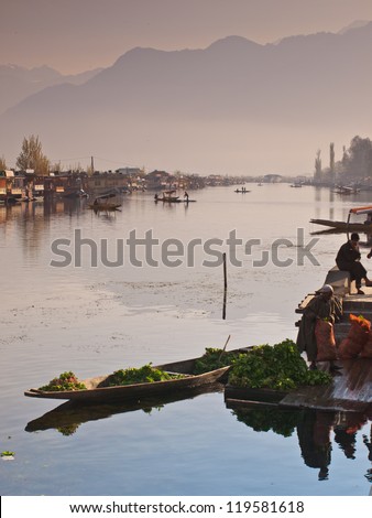 KASHMIR, INDIA-APRIL 11: Dal lake, the tourist attractive destination in northern India. People use row boat for traveling and transportation in the lake on April 11, 2009 in Kashmir, India