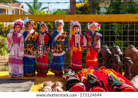 Inle, Myanmar-December 26: Local souvenirs of Burmese local shops are mostly handicraft dolls to represent the costume of local villagers on December 26, 2013 in Inle, Myanmar.