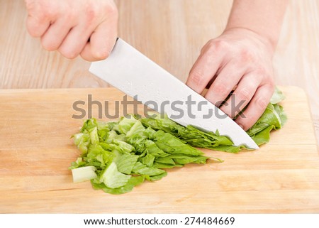 Chef cuts the lettuce on a cutting board closeup