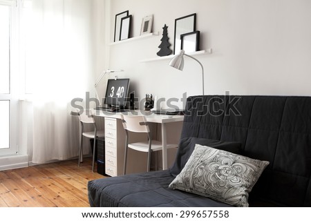 Workplace designer minimalist residential interior. Modern apartment interior in Scandinavian style