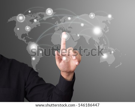 Man hand touching social network icon