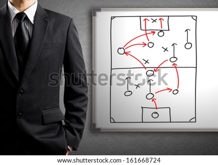 Businessman drawing tactic scheme strategy of attacking game on board