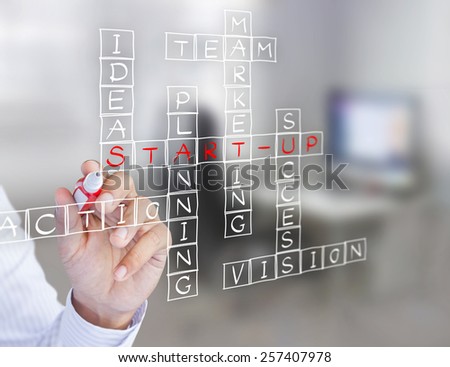 Businessman write business start-up diagram on wall glass, Planning concept