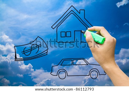 hand drawing home money car on blue sky
