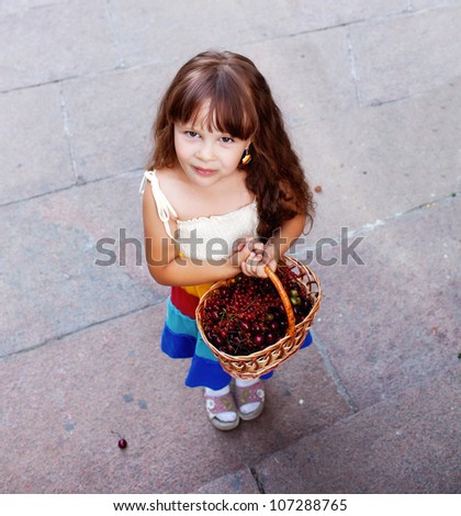 Girl with a basket of fruit. top view