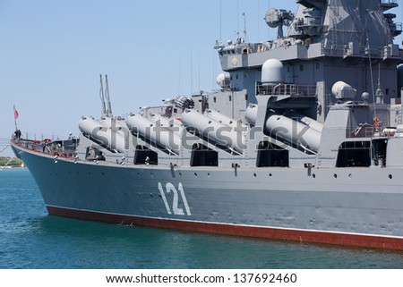 SEVASTOPOL, UKRAINE - MAY 7 . Military ship in Sevastopol harbor preparing to parade in honor of victory in world war on may 7, 2013 in Sevastopol, Ukraine