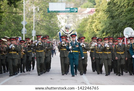 SEVASTOPOL, UKRAINE - JUNE 14. Russian military orchestra on \